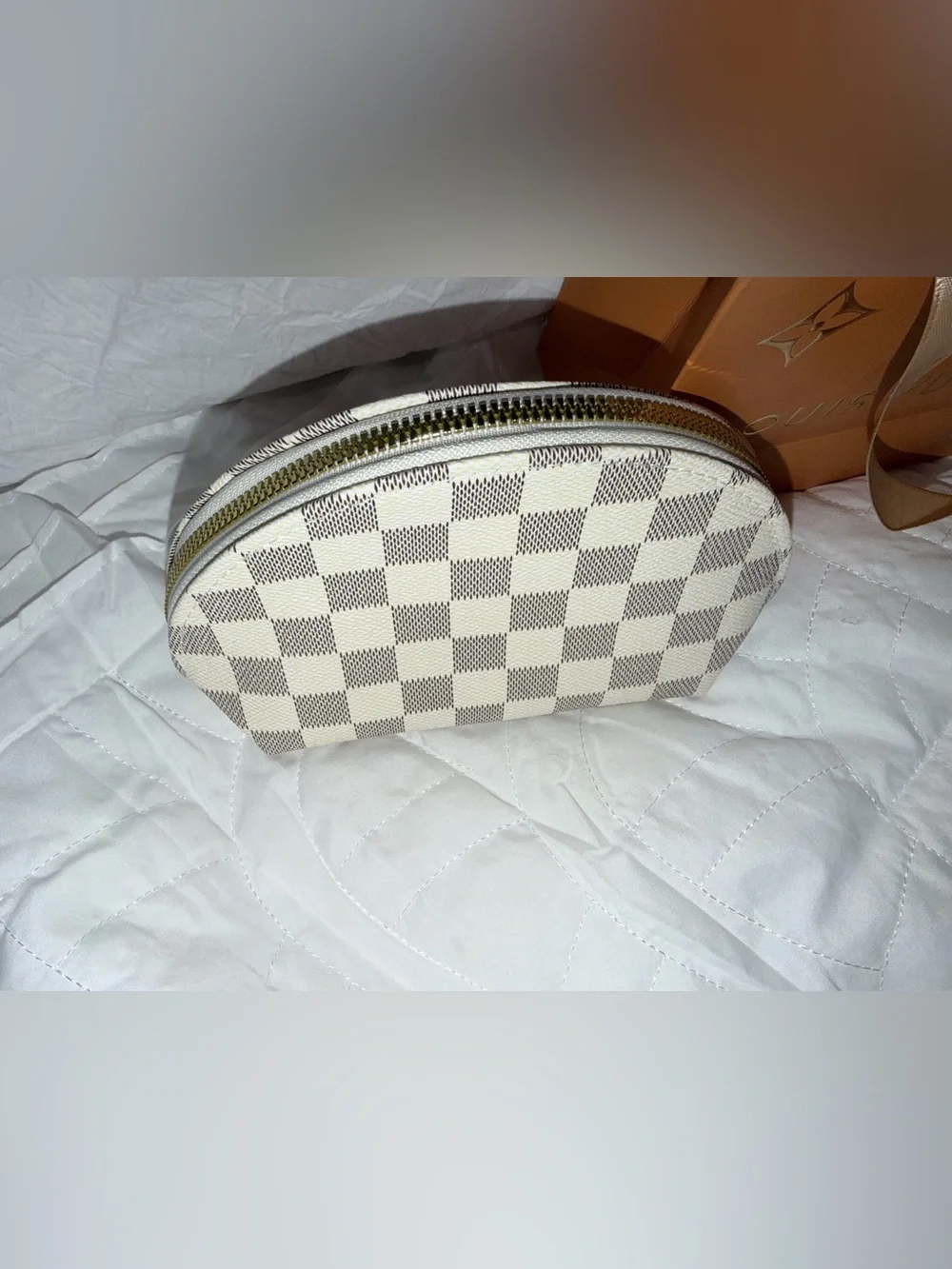Fashion Check Cosmetic Pouch - White & Beige